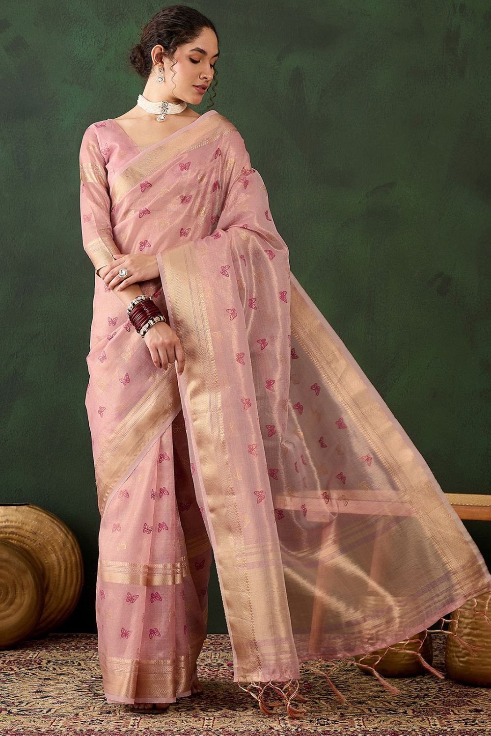 Pink Organza Woven Party Wear Saree