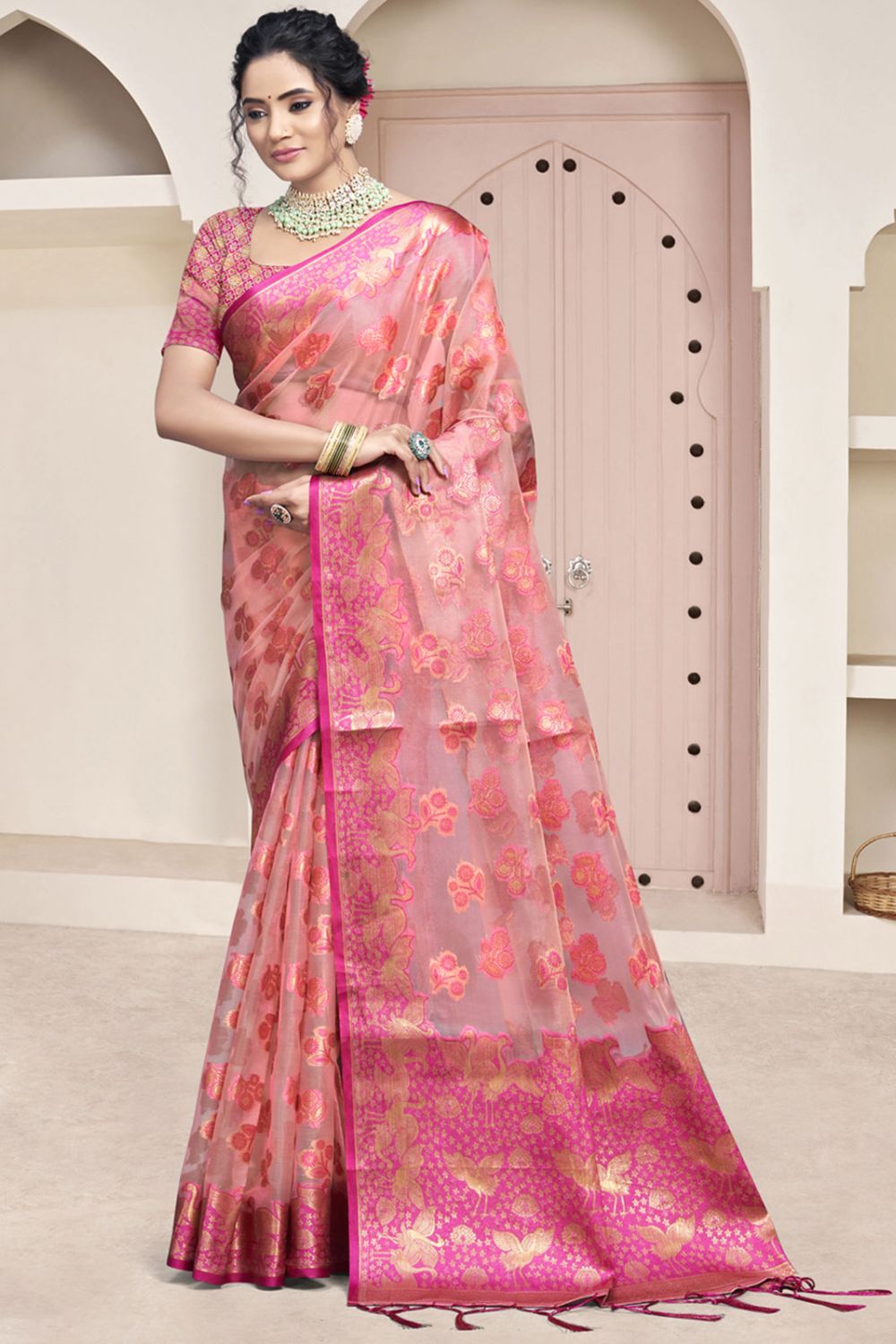 Pink Organza Woven Saree