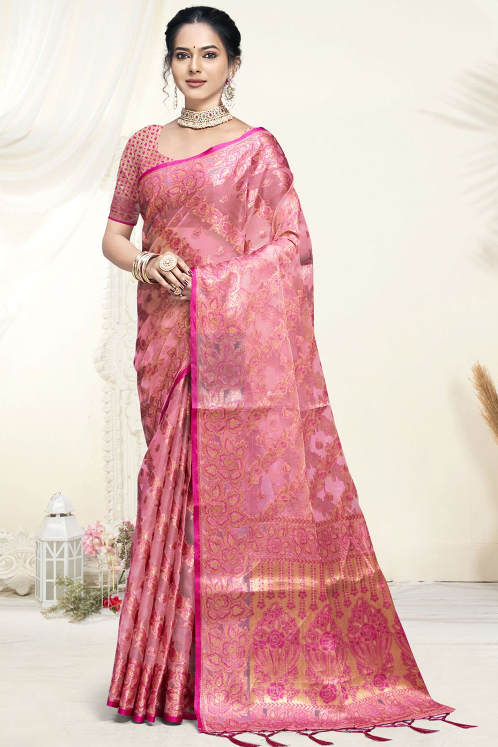 Pink Organza Woven Saree