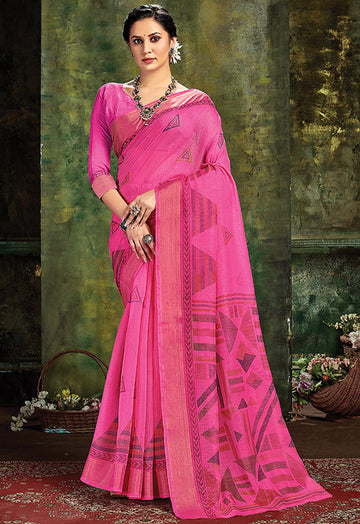 Pink Printed Cotton Saree for Party