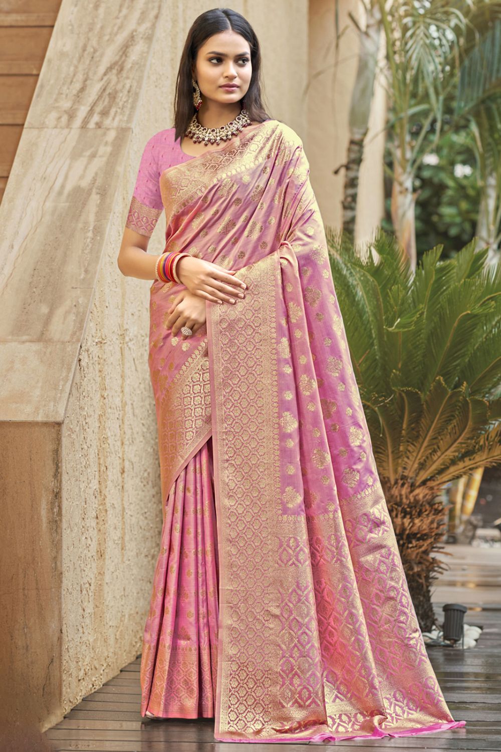 Pink Silk Woven Work Saree