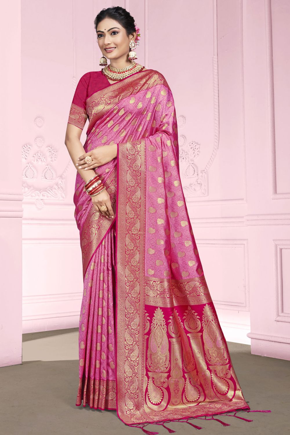 Pink Silk Woven Work Saree