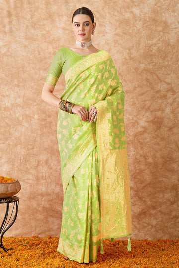 Pista Green Banarasi Silk Saree for Festival