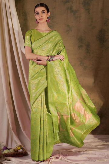 Pista Green Banarasi Silk Woven Saree for Festival