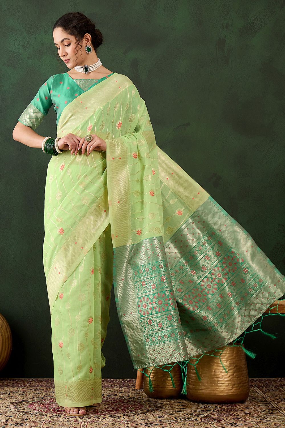 Pista Green Cotton Woven Party Wear Saree