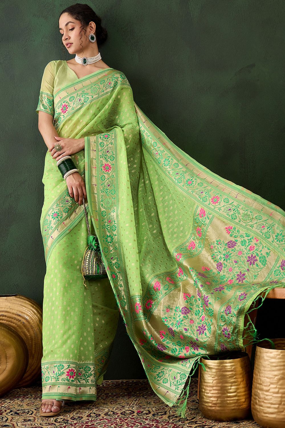 Pista Green Cotton Woven Party Wear Saree