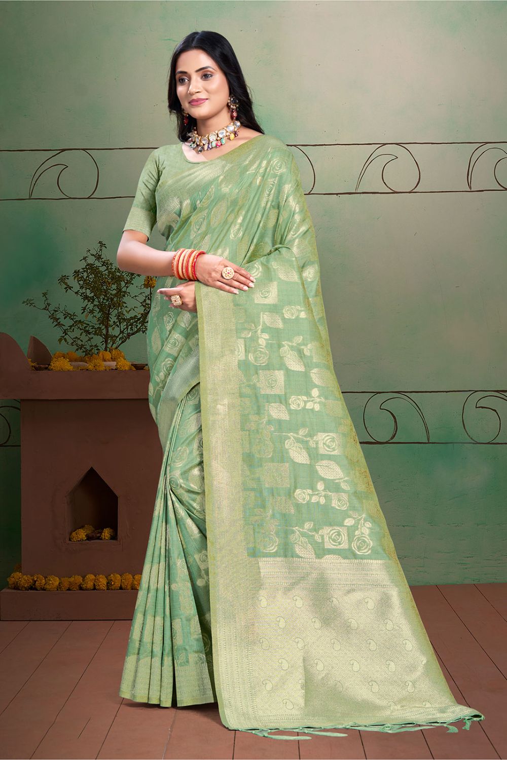 Pista Green Cotton Silk Zari Woven Saree