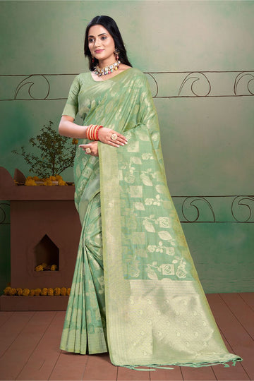 Pista Green Zari Weaving Work Cotton Silk Saree