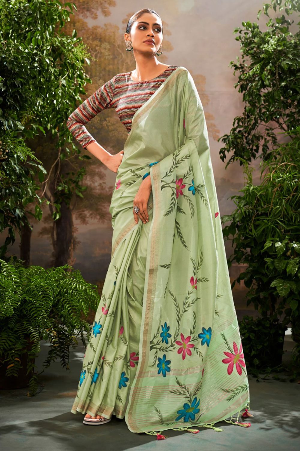 Pista Green Kalamkari Printed Linen Tissue Saree