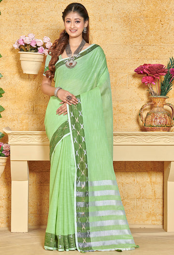 Pista Green Linen Weaving Work Saree