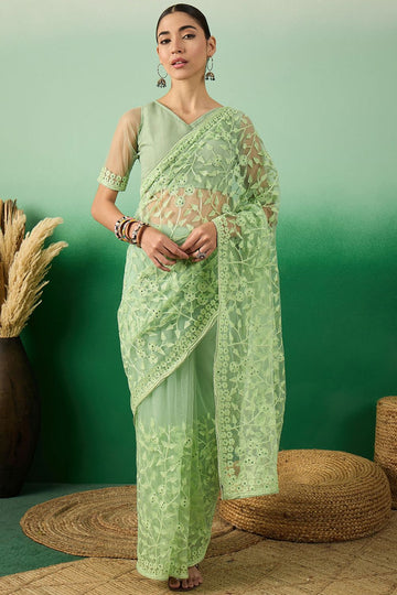 Pista Green Net Embroidered Saree for Party