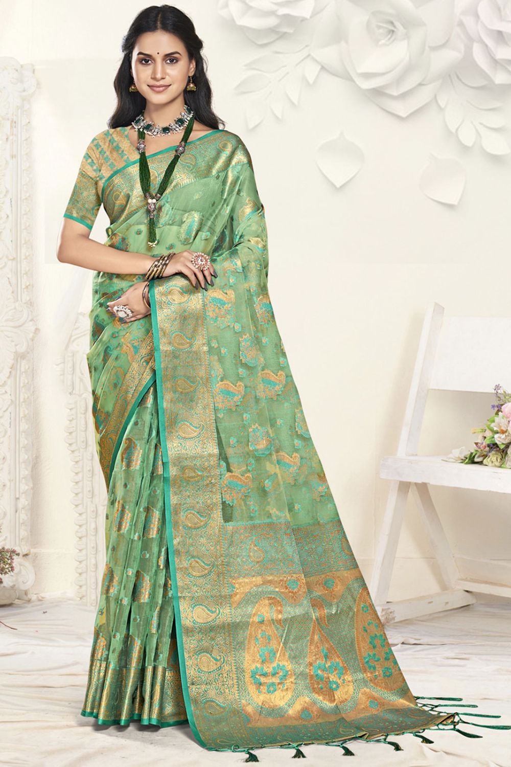 Pista Green Organza Party Wear Saree