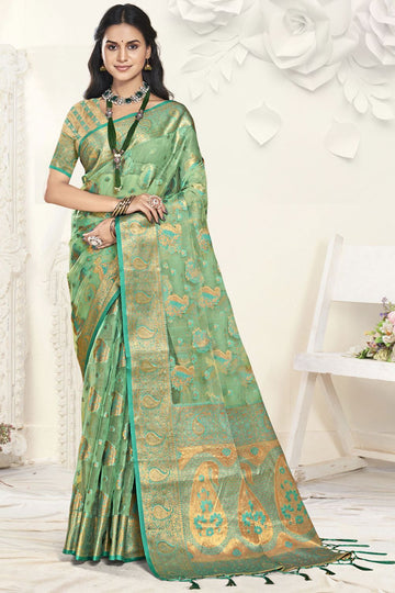 Pista Green Woven Partywear Organza Saree