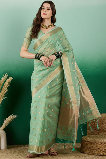 Pista Green Organza Woven Party Wear Saree