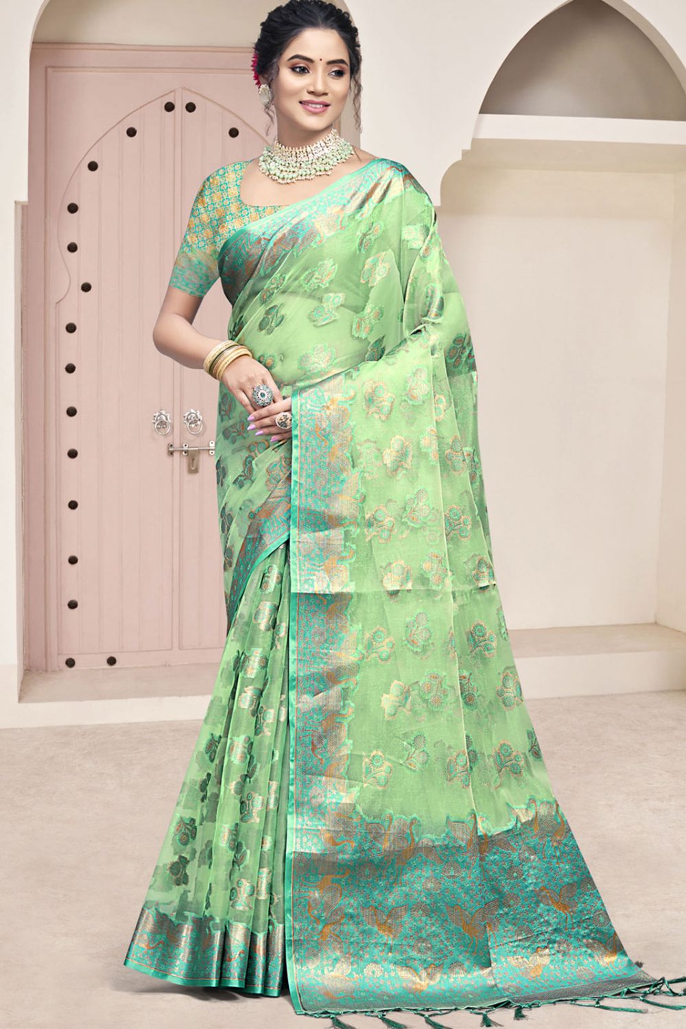 Pista Green Organza Woven Saree