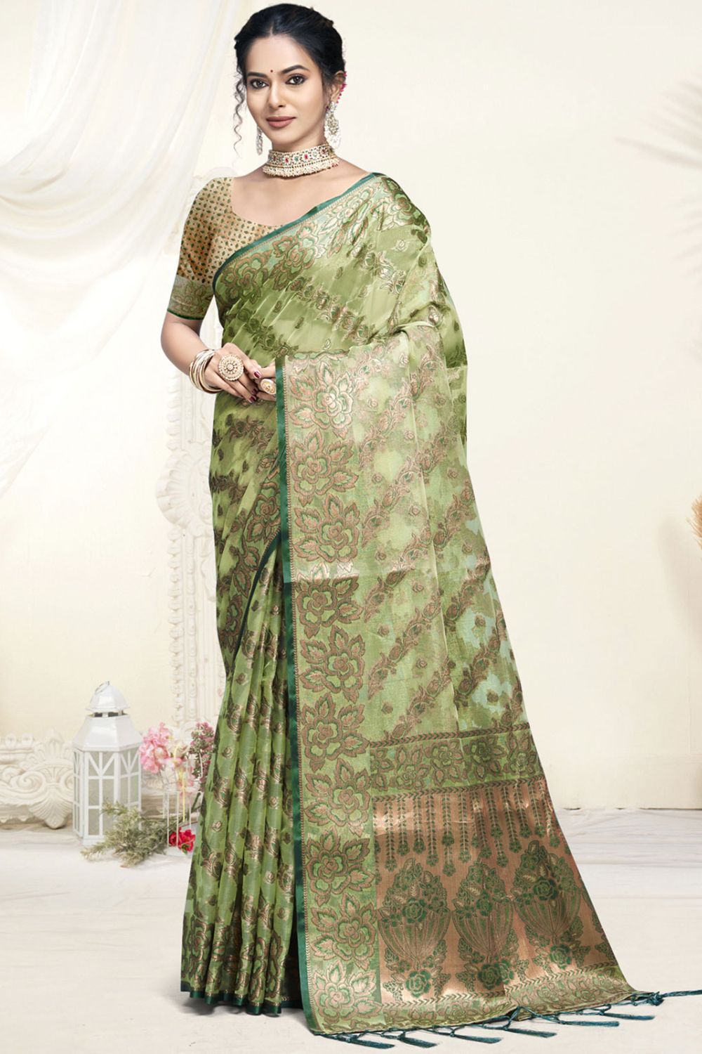 Pista Green Organza Woven Saree