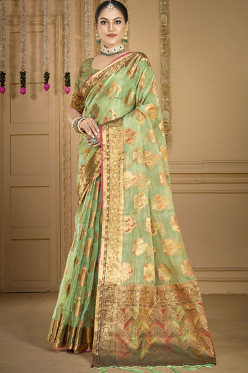 Pista Green Jacquard Work Organza Saree