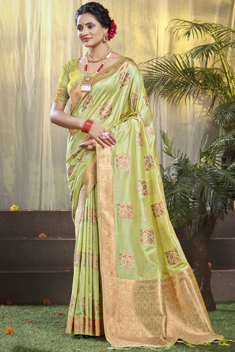 Pista Green Silk Woven Work Saree