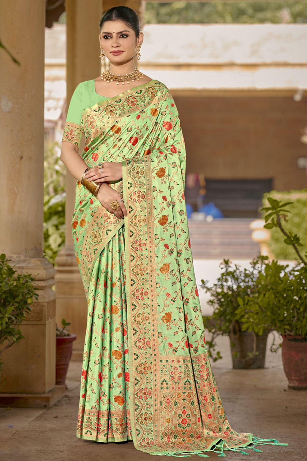 Pista Green Silk Woven Work Saree