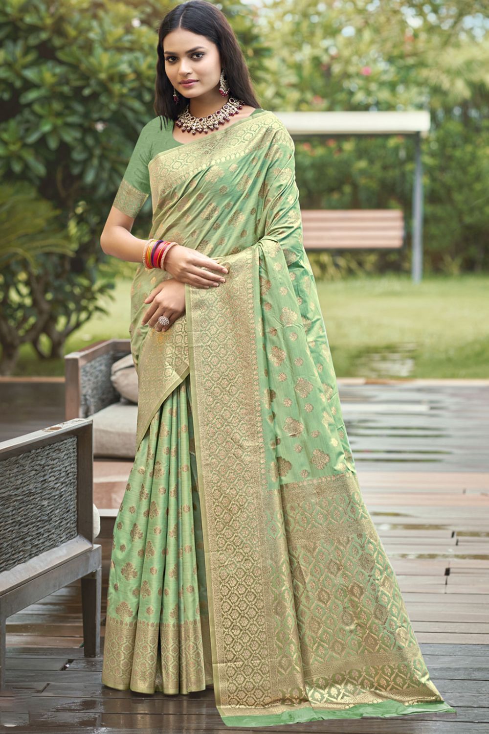 Pista Green Silk Woven Work Saree