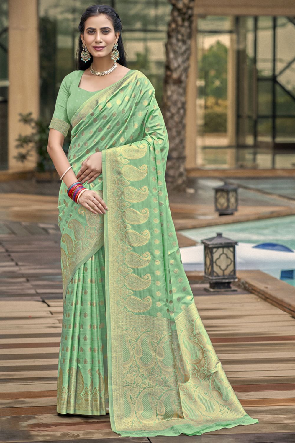 Pista Green Silk Woven Work Saree