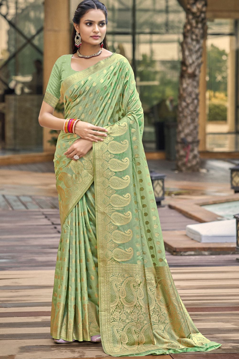 Pista Green Silk Woven Work Saree