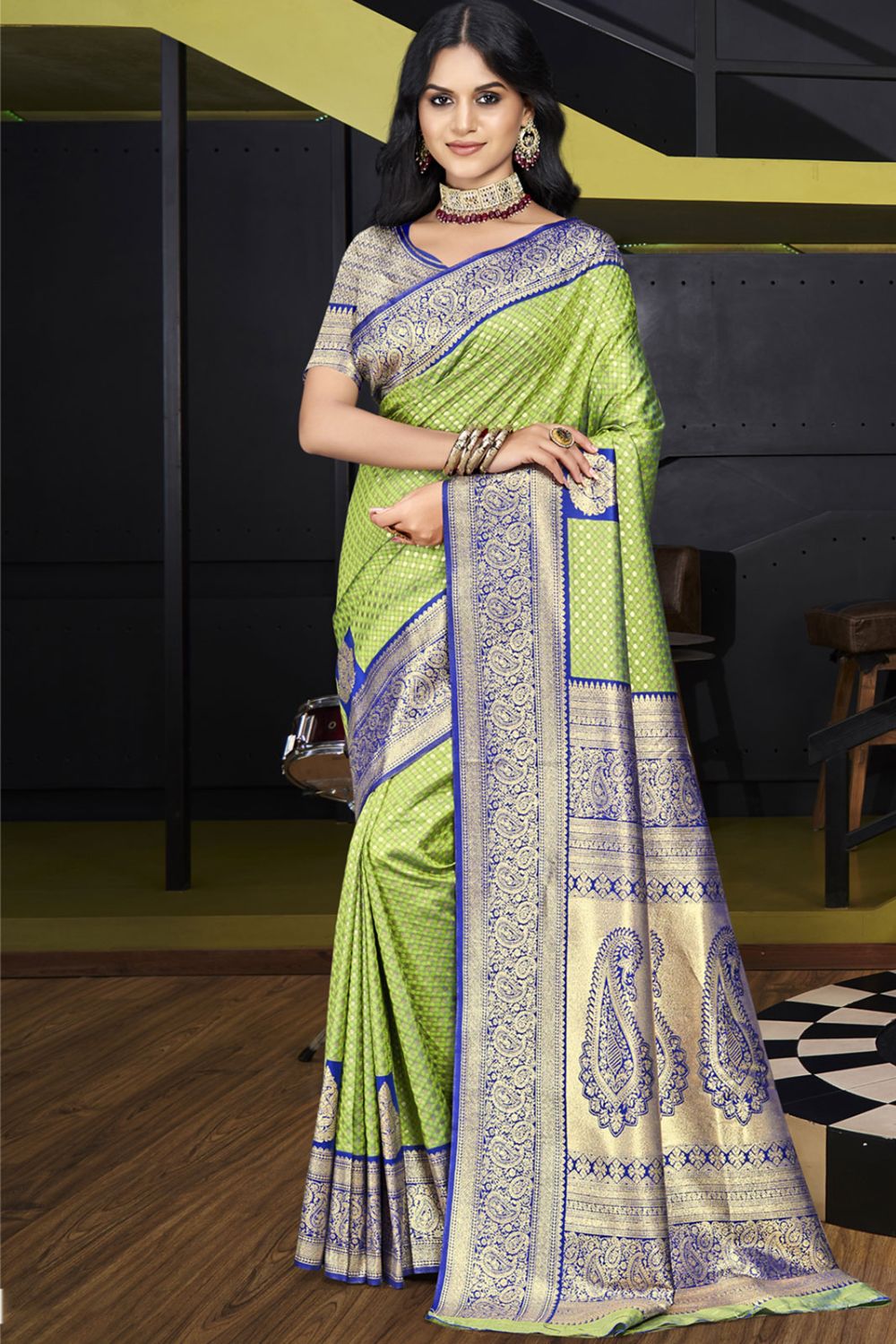 Pista Green Silk Woven Work Saree