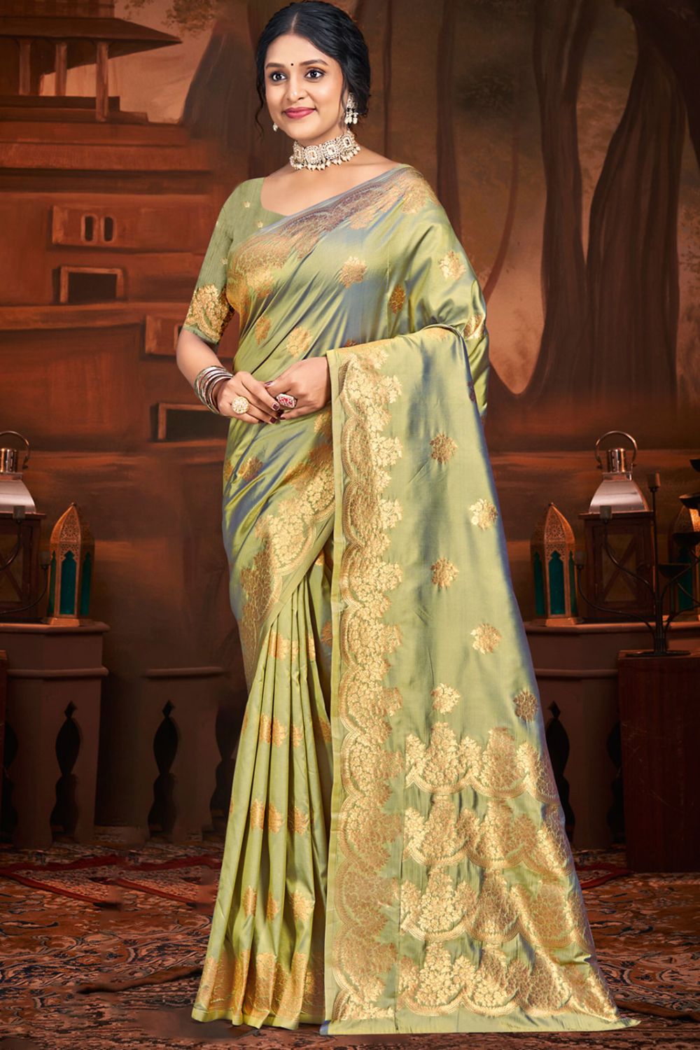 Pista Green Silk Woven Work Saree