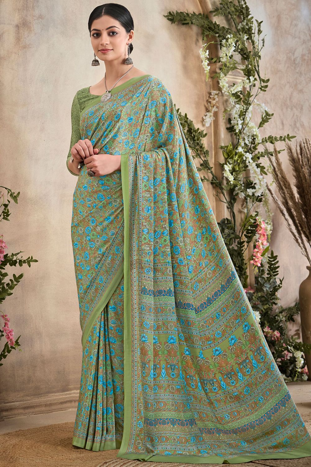 Pistachio Green Digital Print Silk Crepe Saree for Party