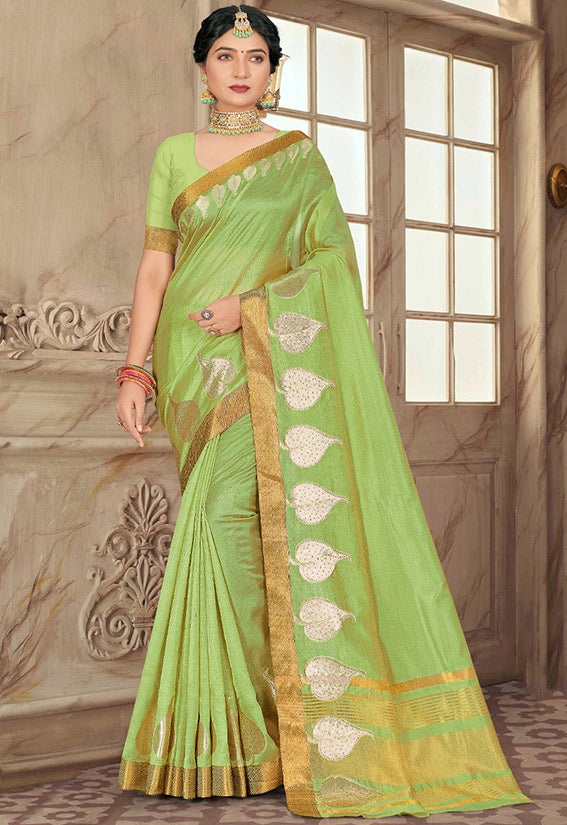 Pistachio Green Embellished Cotton Saree for Festival