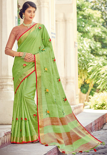 Pistachio Green Embellished Linen Party Wear Saree