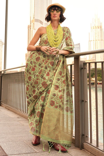 Pistachio Green Hand Woven Zari Tissue Festival Wear Saree