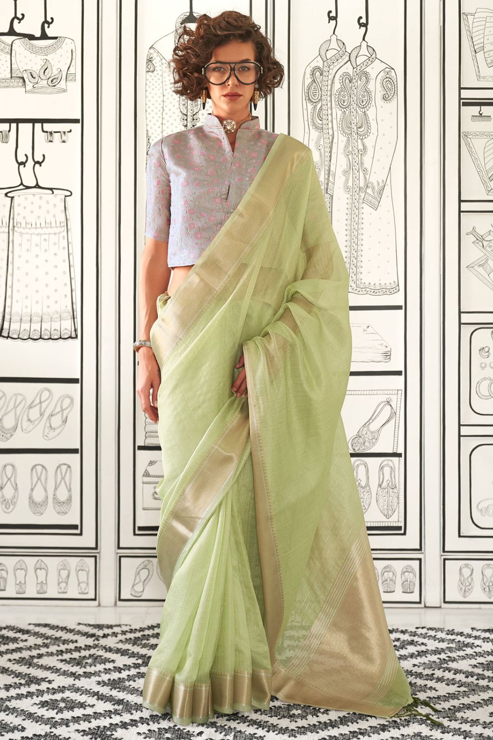 Pistachio Green Handloom Weaving Moss Chiffon Saree for Party