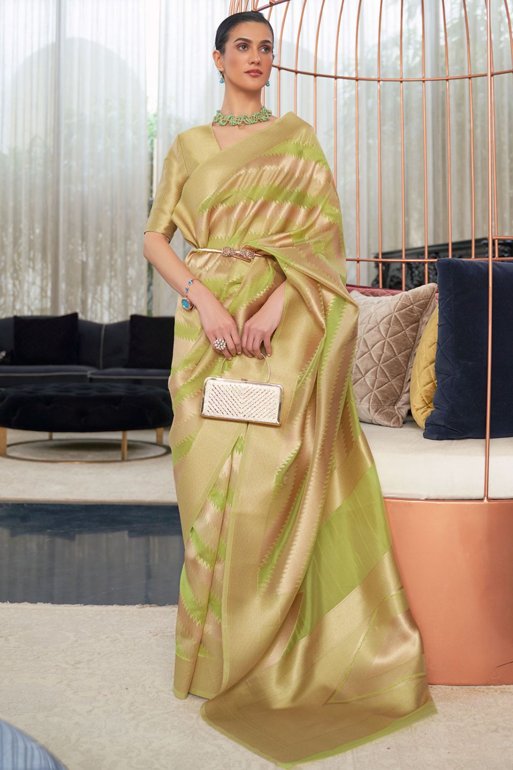 Pistachio Green Handloom Weaving Organza Festival Wear Saree