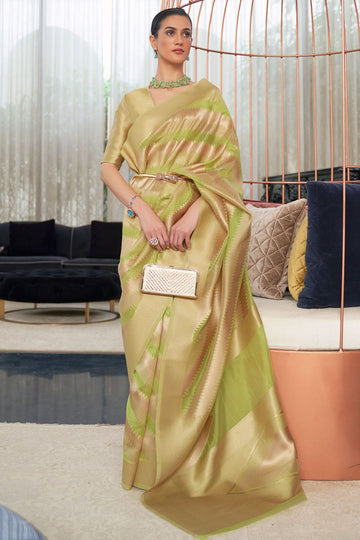 Pistachio Green Handloom Weaving Organza Festival Wear Saree