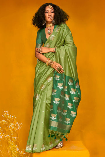 Pistachio Green Woven Handloom Tussar Silk Saree