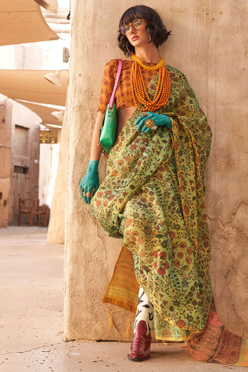 Pistachio Green Handwoven Zari Tissue Saree for Party