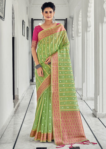 Pistachio Green Heavy Pallu Organza Saree for Festival