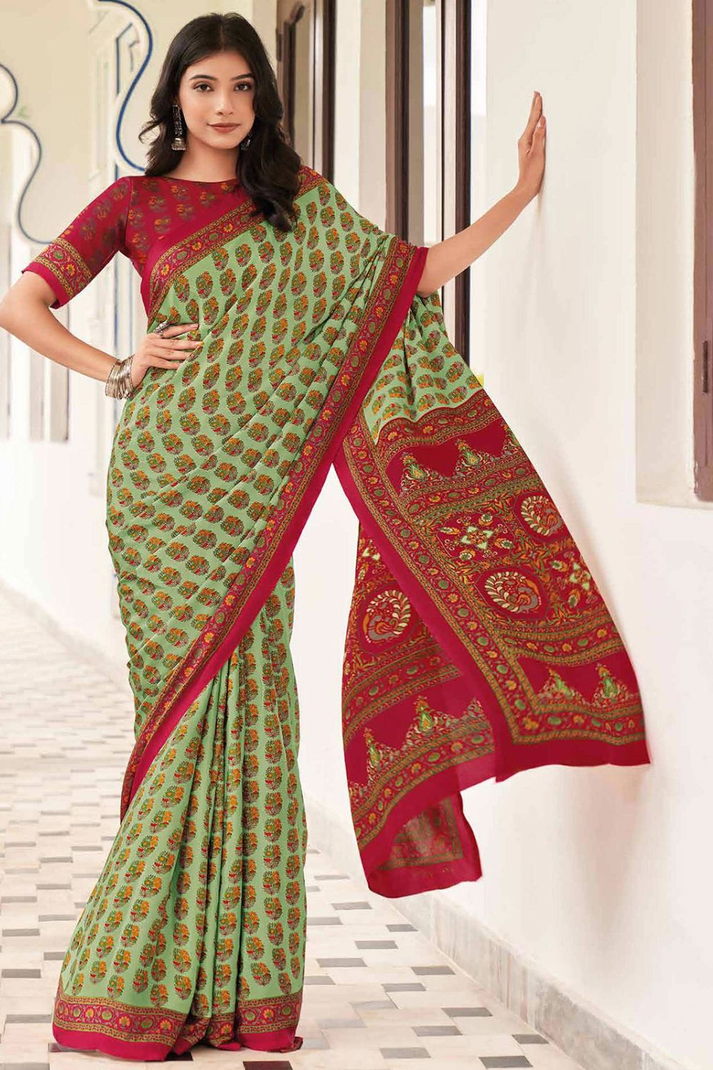 Pistachio Green Crepe Casual Wear Saree