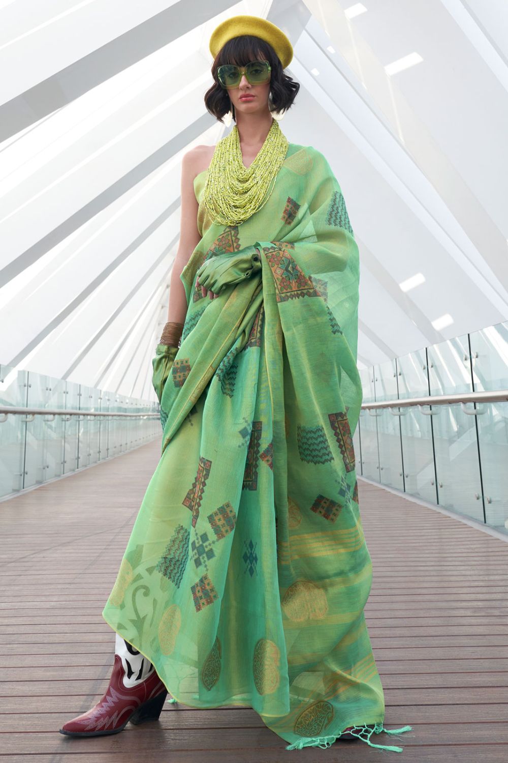 Pistachio Green Printed Zari Tissue Saree for Party