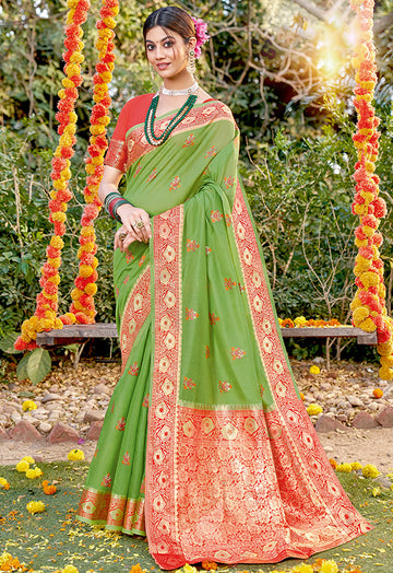 Pistachio Green Rich Pallu Cotton Saree for Party