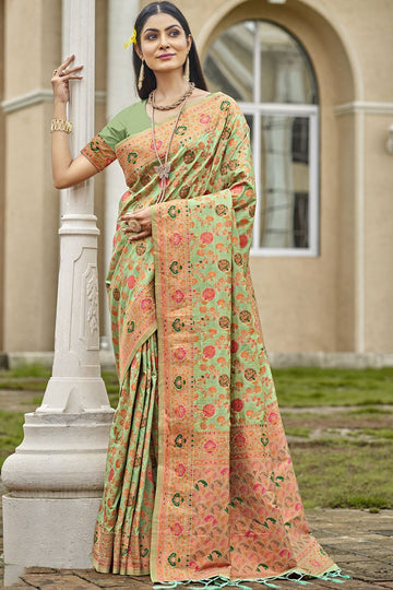 Pistachio Green Woven Silk Saree for Ceremonial