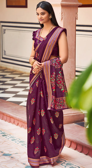 Plum Chanderi Printed Saree for Festival