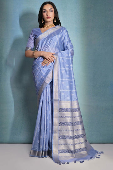 Powder Blue Raw Silk Woven Party Wear Saree