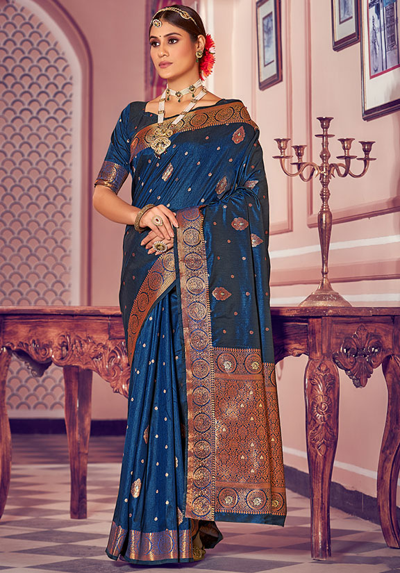 Prussian Blue Banarasi Silk Zari Weaving Work Saree