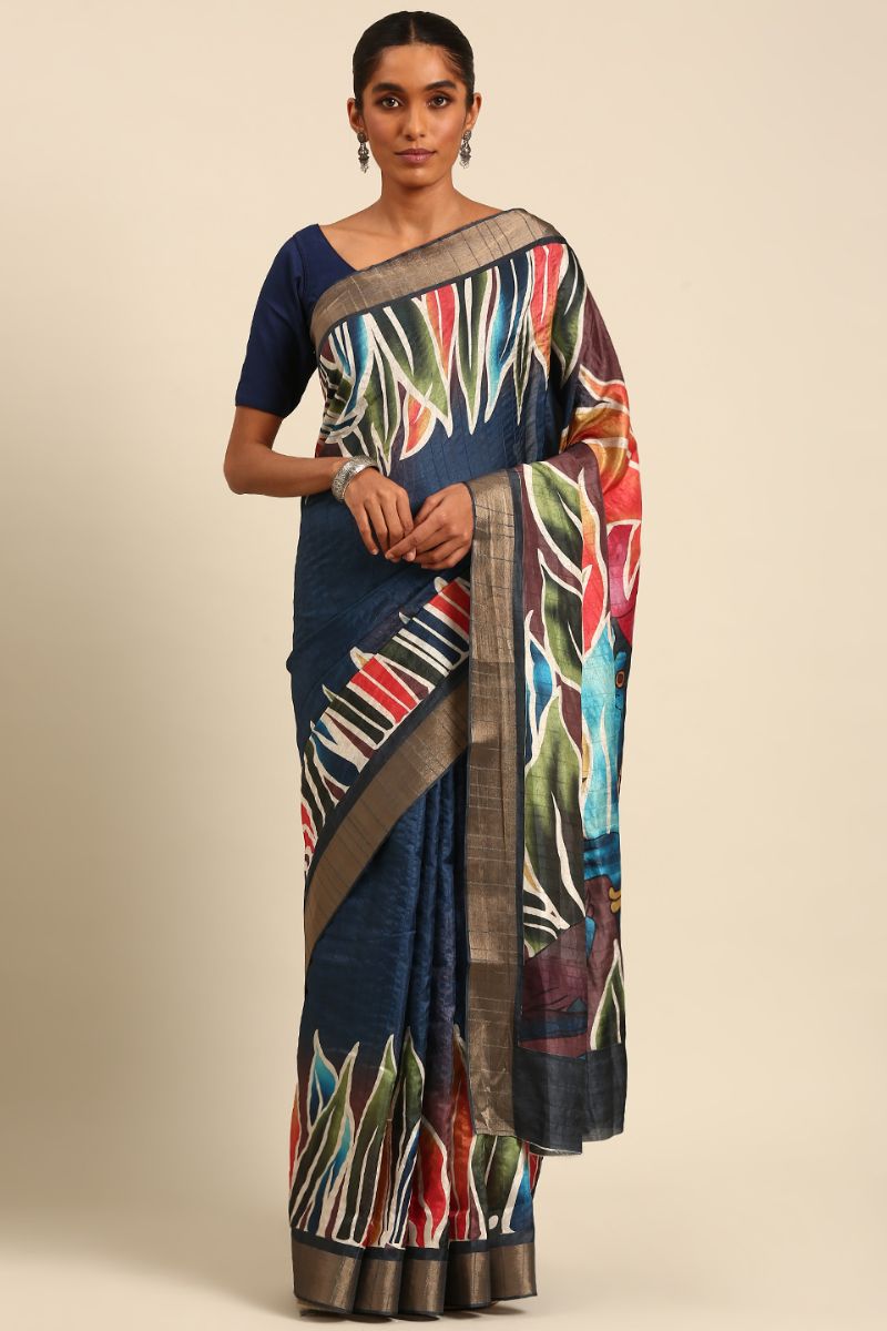 Prussian Blue Cotton Digital Print Saree