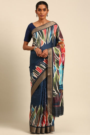 Prussian Blue Digital Printed Cotton Saree