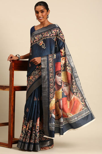 Prussian Blue Digital Print Work Cotton Saree