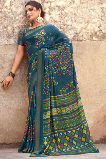 Prussian Blue Printed Crepe Satin Saree for Festival