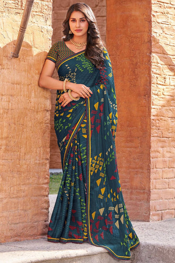 Prussian Blue Printed Georgette Casual Saree